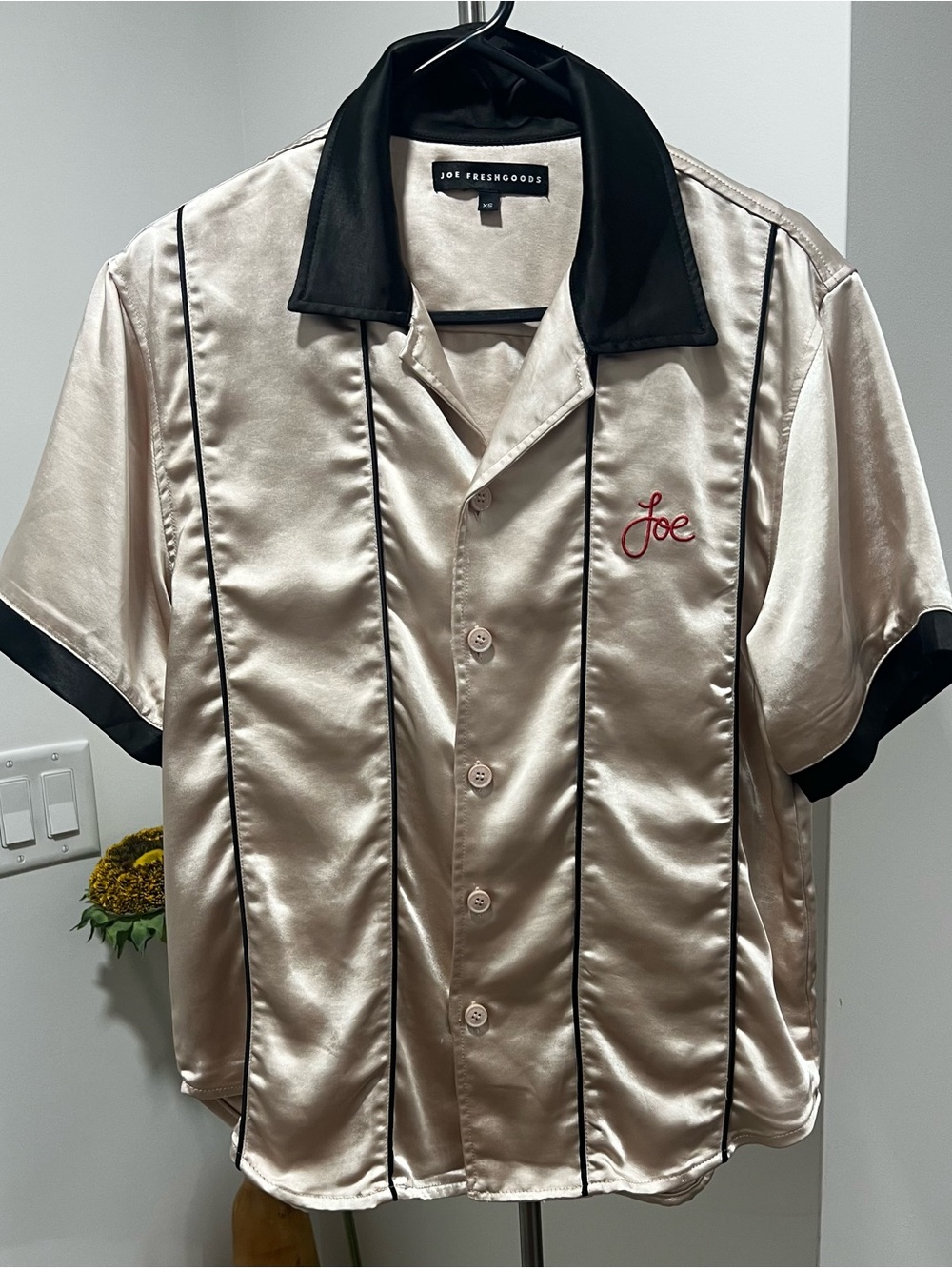 Joe Fresh Men's Satin Bowling Shirt in Champagne with Black Trim and Red Script